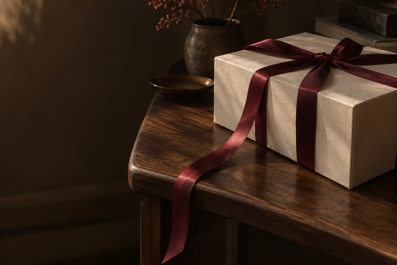 An ivory gift wrapped with a burgundy ribbon on a dark wooden table
