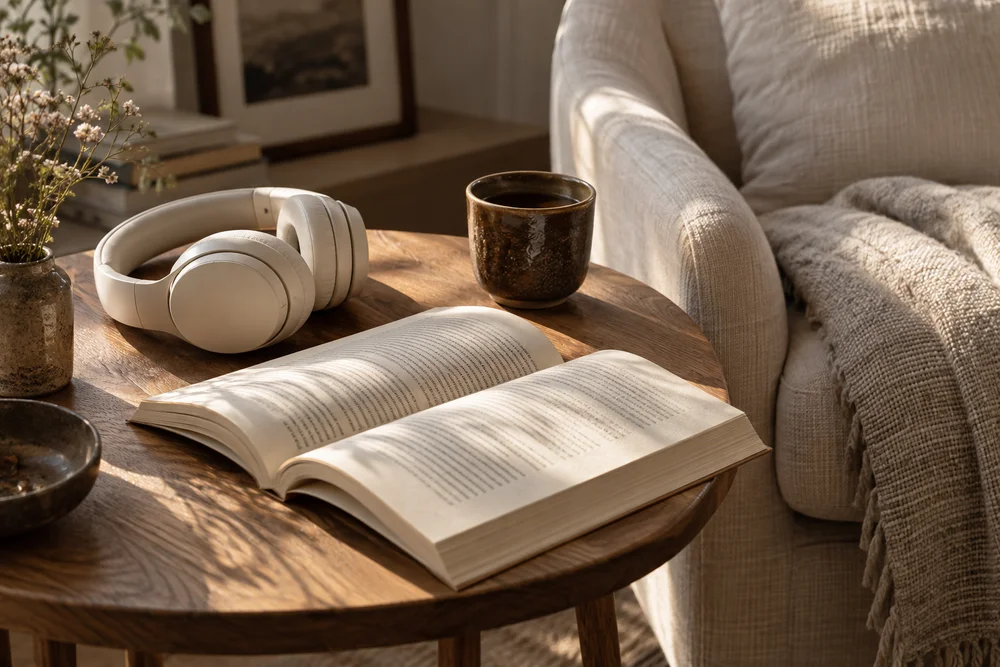 An open book, headphones and a ceramic cup in a quiet reading corner