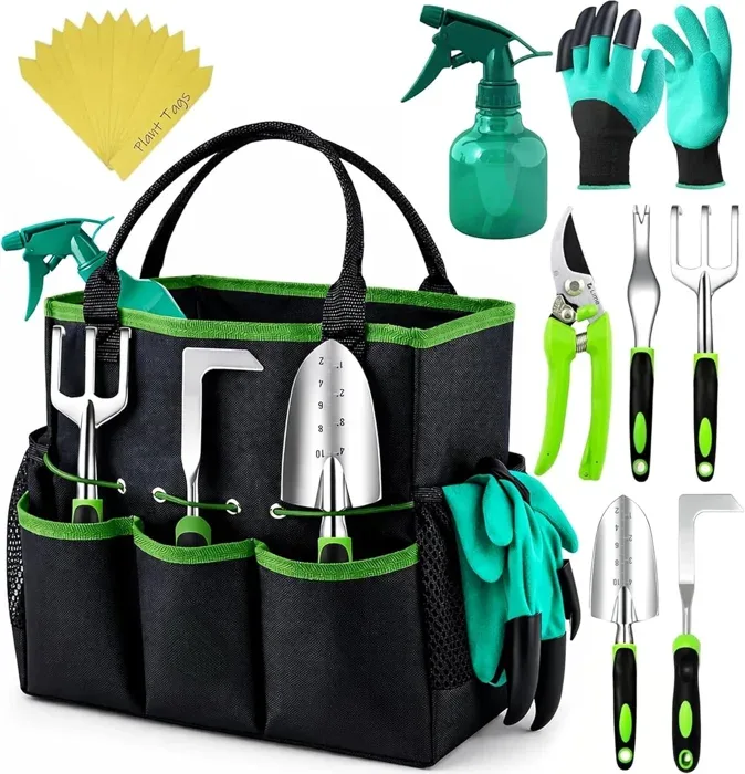 Green Garden Tool Set with Bag and Labels