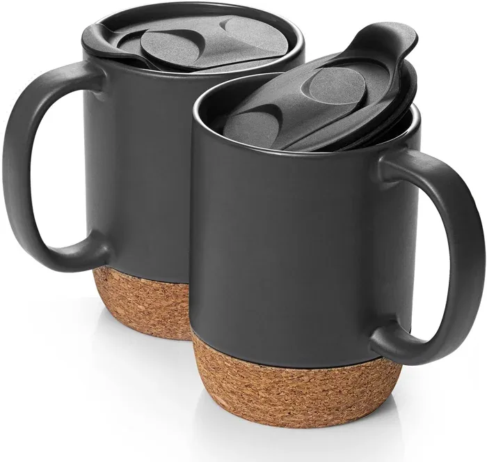 DOWAN Matte Grey Ceramic Mugs with Cork Base Set of 2
