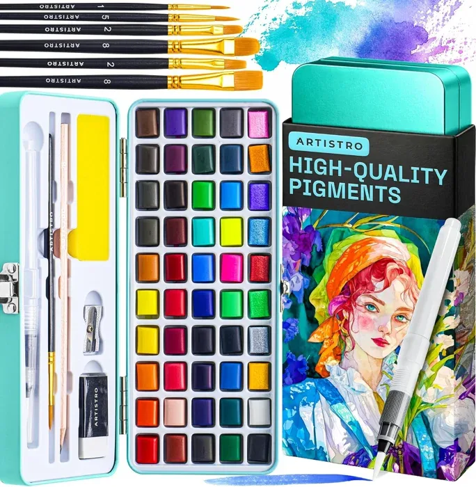 Artistro 50-Colour Watercolour Set with Eight Brushes