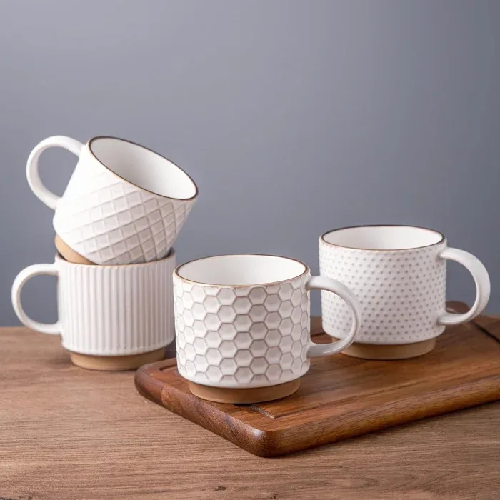 GBhome Stackable Embossed Ceramic Mugs Set of 4